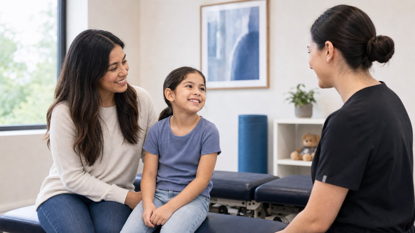 Padre e hijo hablando con quiropráctico en una clínica