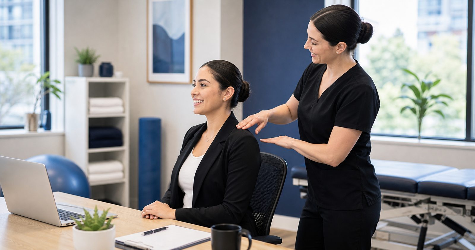 Paciente feliz aprendiendo corrección de postura en clínica quiropráctica