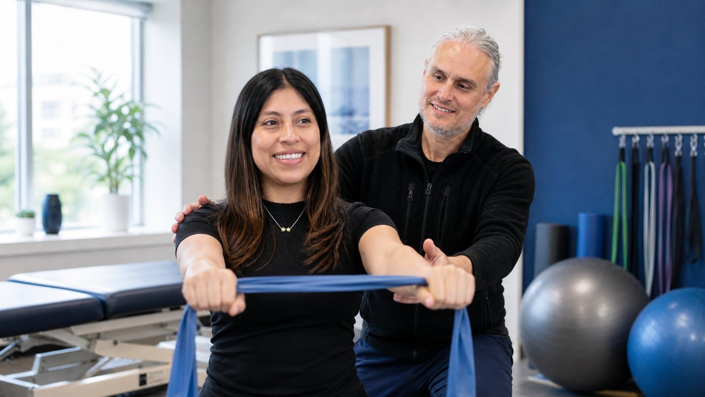 Paciente realizando terapia de rehabilitación quiropráctica guiada