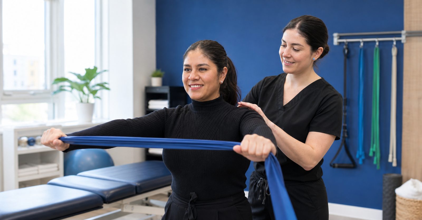 Paciente realizando ejercicio de rehabilitación de hombro con proveedor